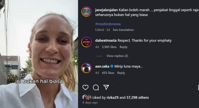 Warganet merespons video Jane bule Jerman yang menyindir pejabat Indonesia. [Instagram]